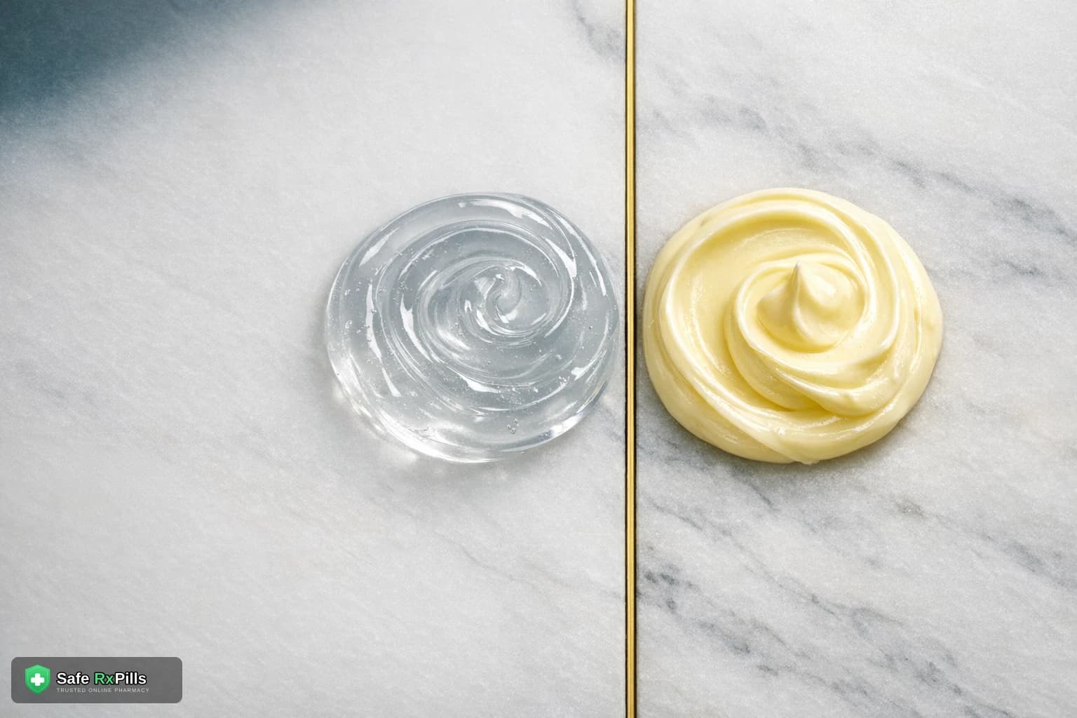 Clear adapalene style gel and pale yellow tretinoin style cream side by side on a marble slab divided by a brass line
