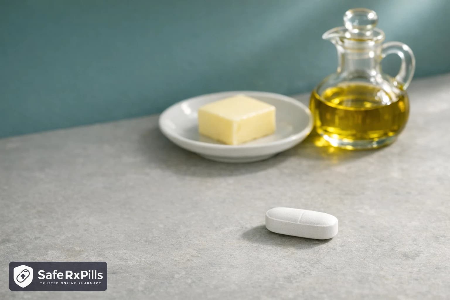 A single white oblong tablet on a pale stone surface beside a small plate with a pat of butter and a glass cruet of olive oil, suggesting a dose taken with a fatty meal