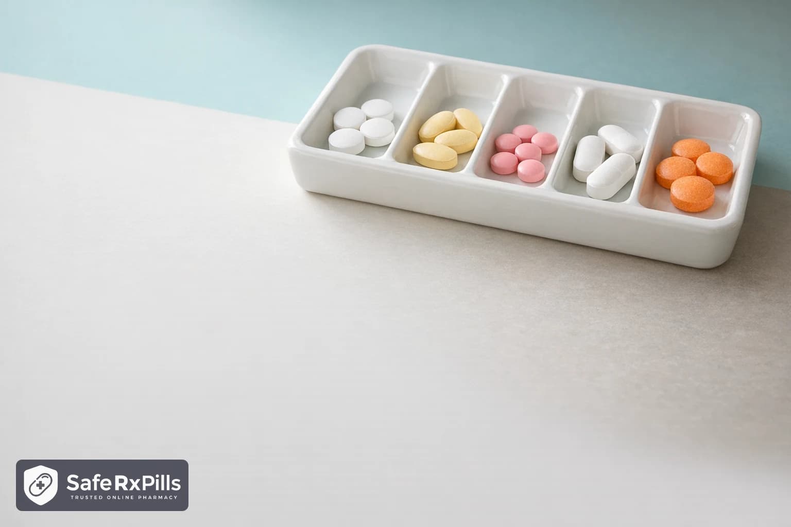 A white ceramic apothecary sorting tray with separate compartments, each holding plain unmarked tablets of a different shape and colour