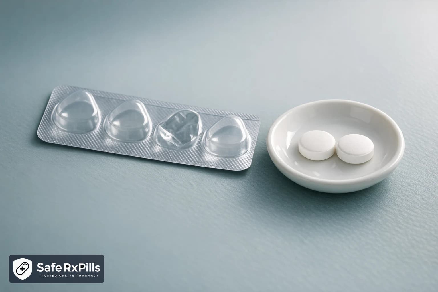 A silver blister strip with one empty pocket beside a small white dish holding two plain round white tablets, on a pale blue surface