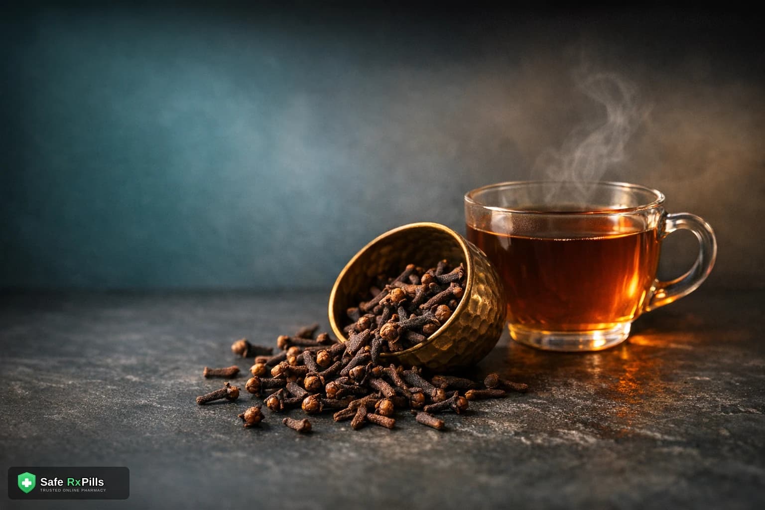 Whole cloves spilling from a brass bowl on dark stone beside a steaming cup of clove tea