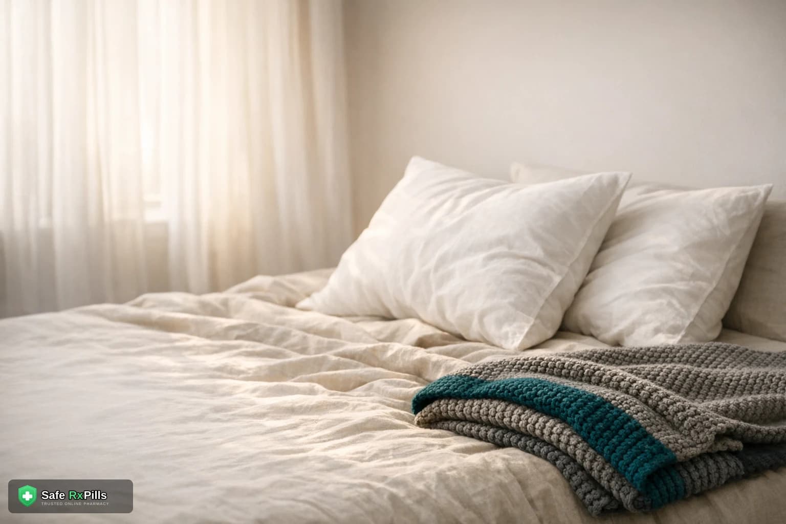 Two white pillows resting together on a made bed with linen sheets and a teal knitted throw in soft morning light