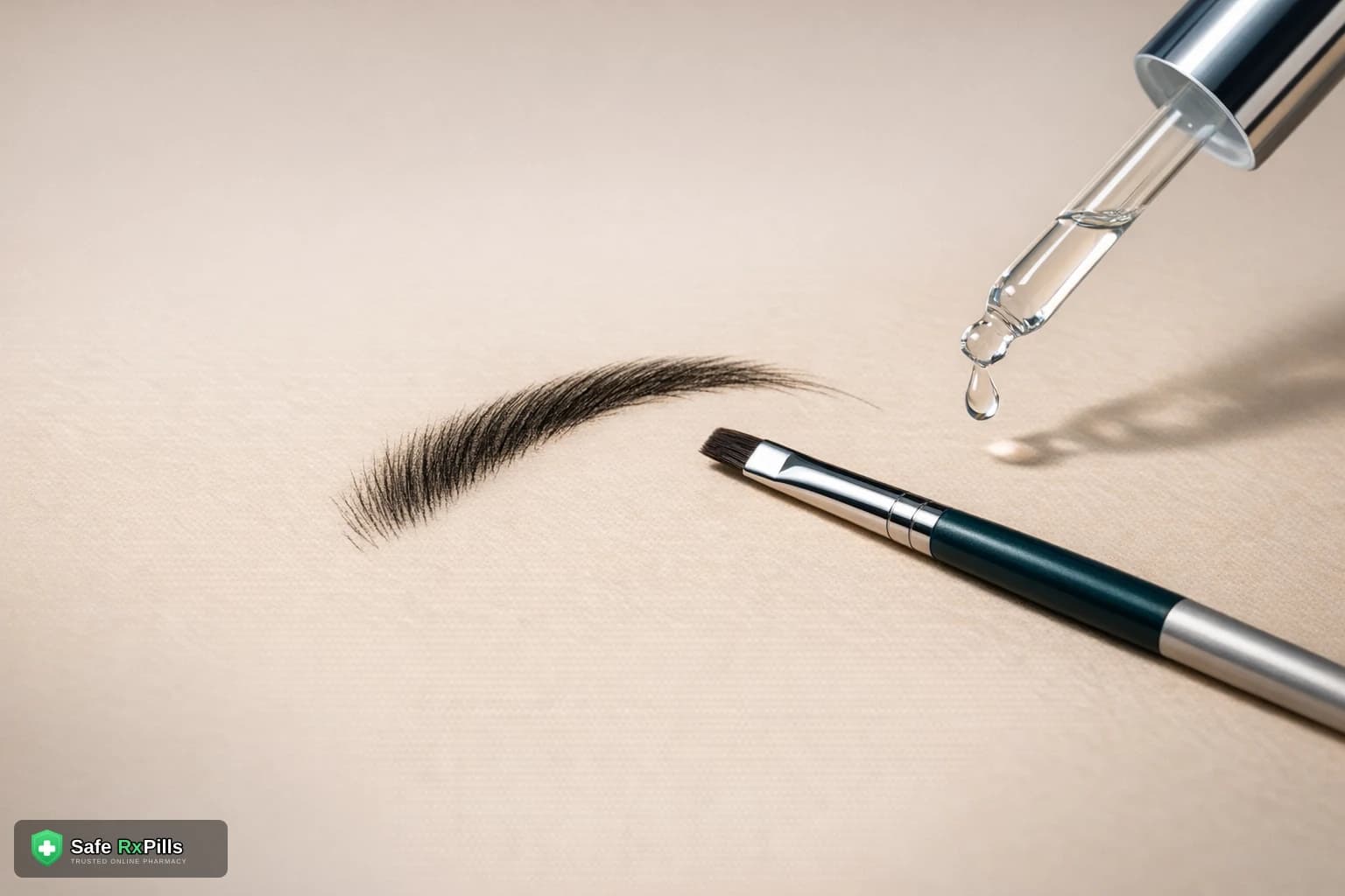 Angled brow brush and a glass dropper releasing a drop of clear serum beside an arched eyebrow shape