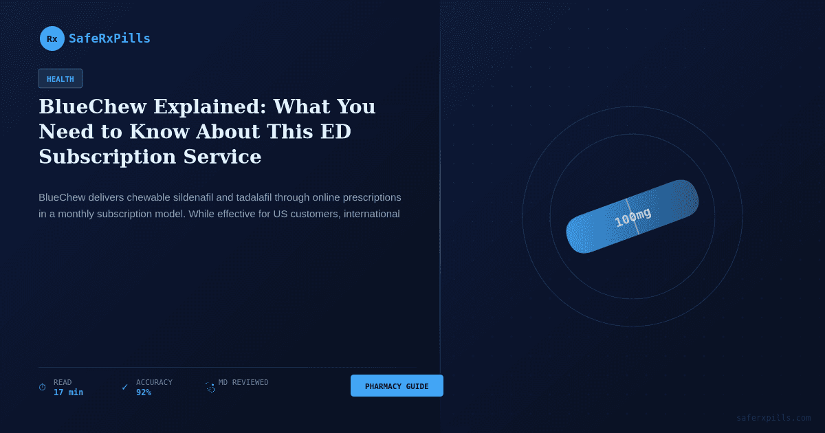 BlueChew ED subscription service pills and packaging displayed with informational text overlay