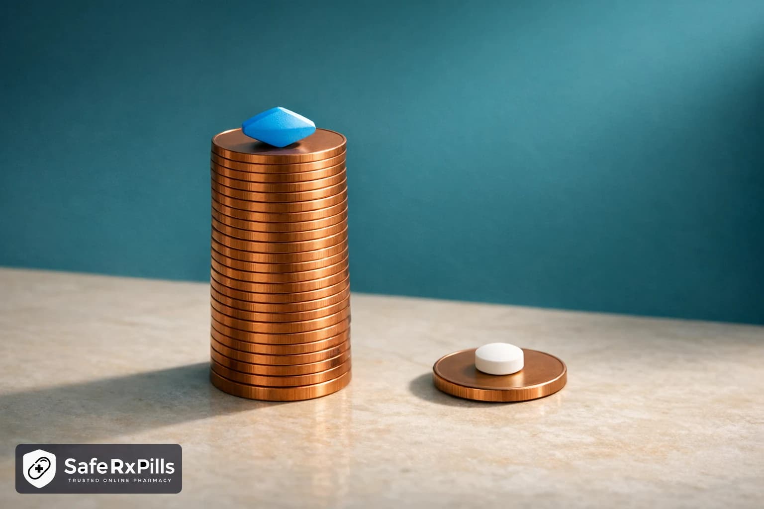 A tall stack of plain copper coins topped by a single blue diamond-shaped tablet beside one coin holding a small white round tablet, on a pale stone surface against a teal background