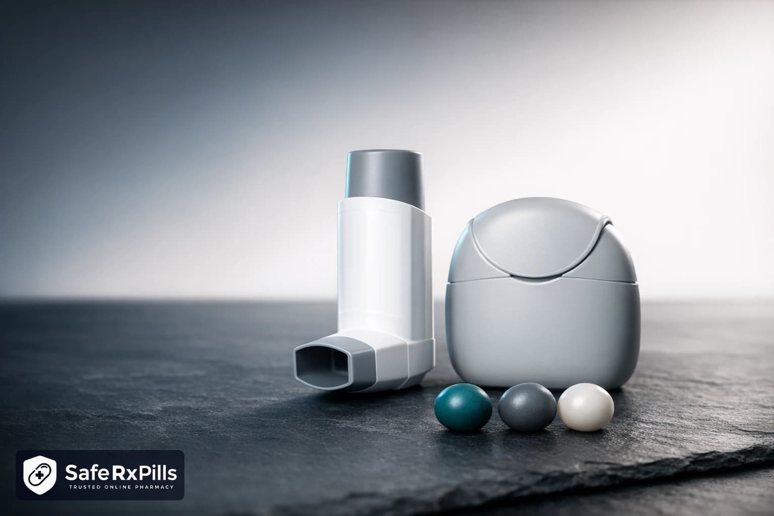 A plain white spray inhaler and a rounded grey powder inhaler on dark slate, with three small teal, grey and white spheres in front