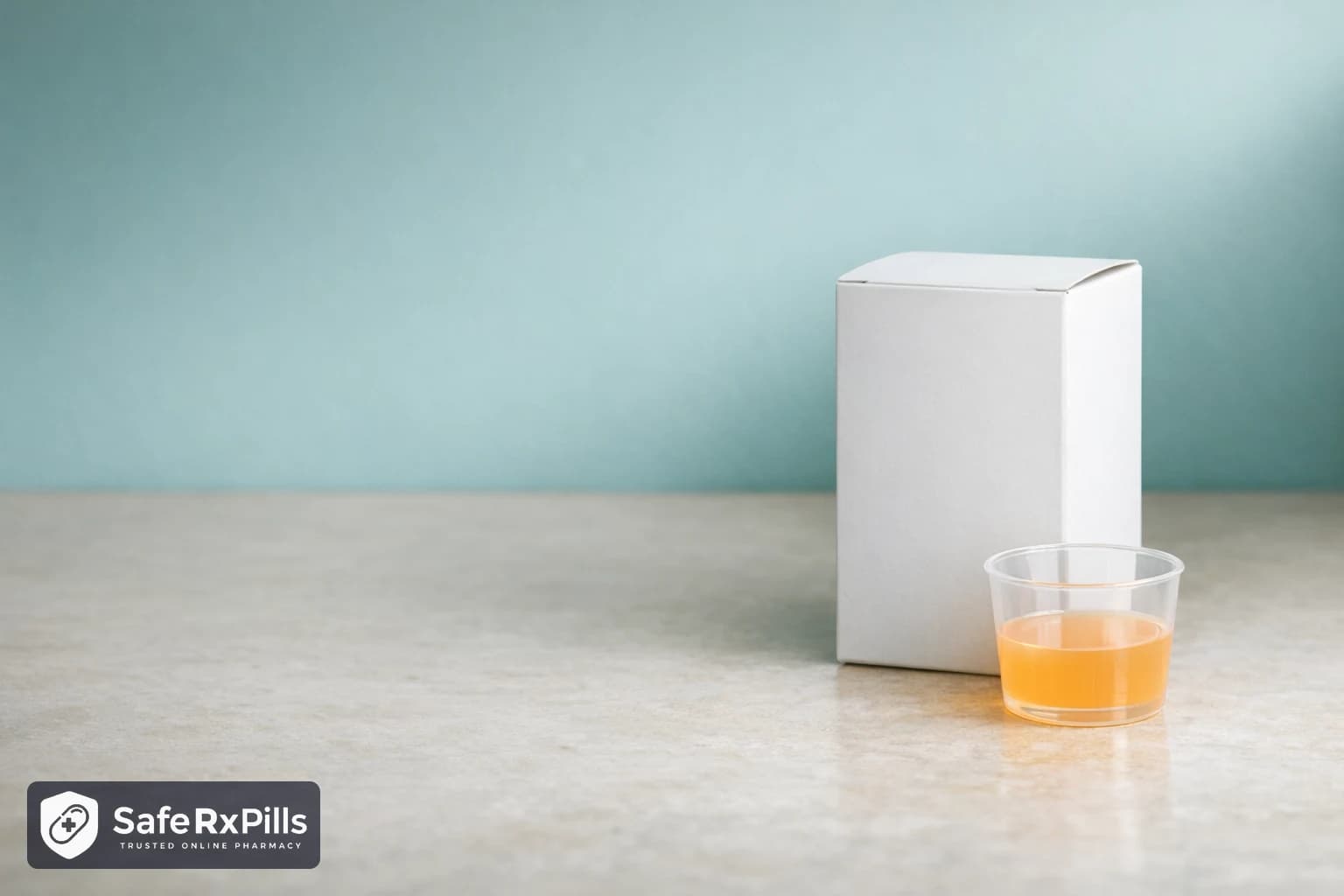 A plain white unlabelled medicine box beside a small clear dosing cup holding pale orange liquid on a pale stone pharmacy counter