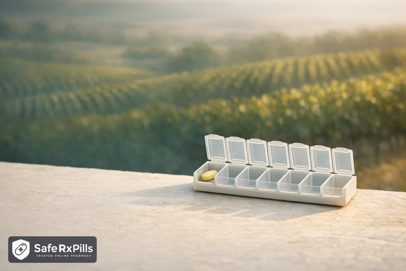 An open plain weekly pill organiser with one pale yellow tablet on a limestone ledge in golden light with vineyard hills blurred behind