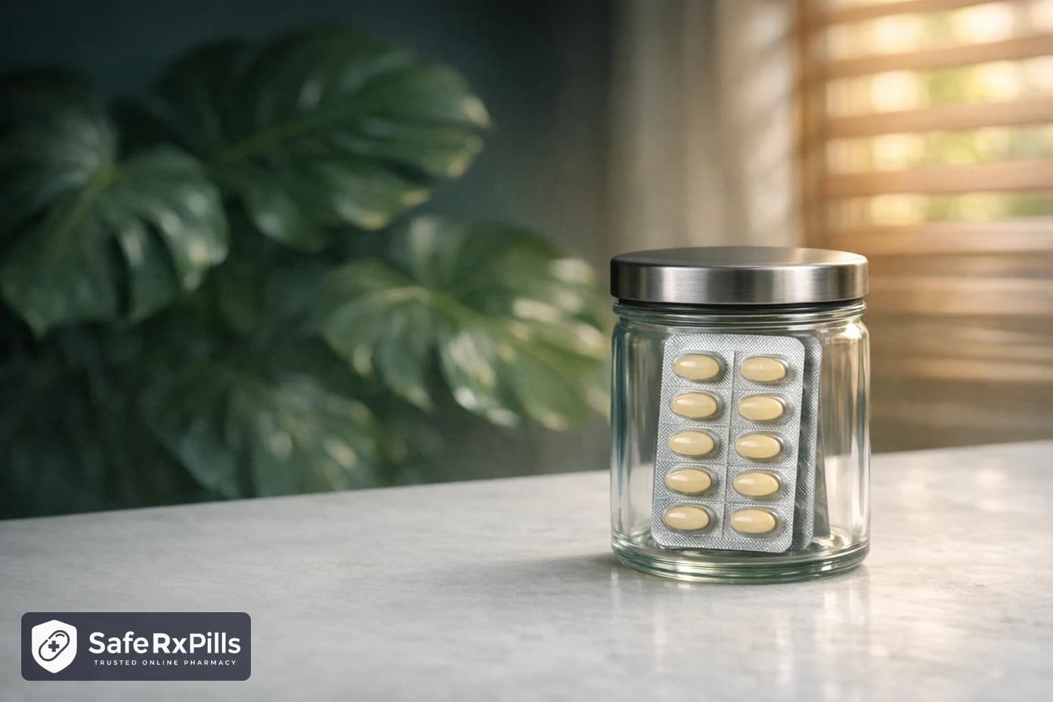 A sealed silver blister strip of pale yellow tablets inside a clear airtight glass container on a cool stone bench with green subtropical leaves behind