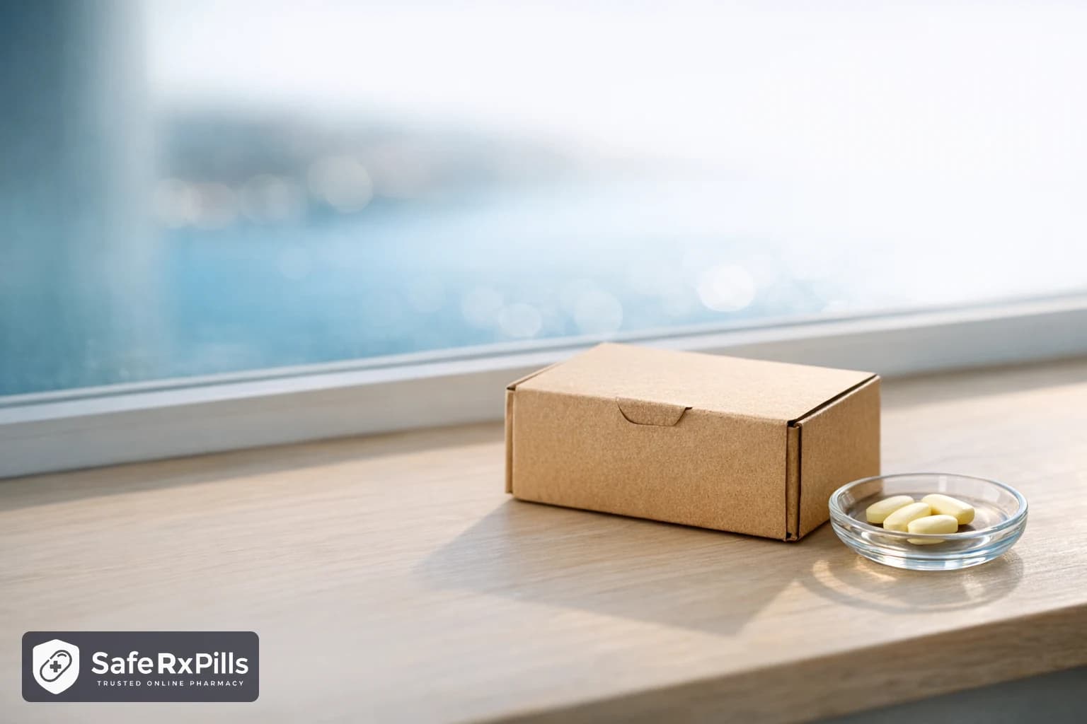 A closed plain kraft mailing box beside a glass dish of plain pale yellow oval tablets on a sunlit timber windowsill with blue harbour water behind