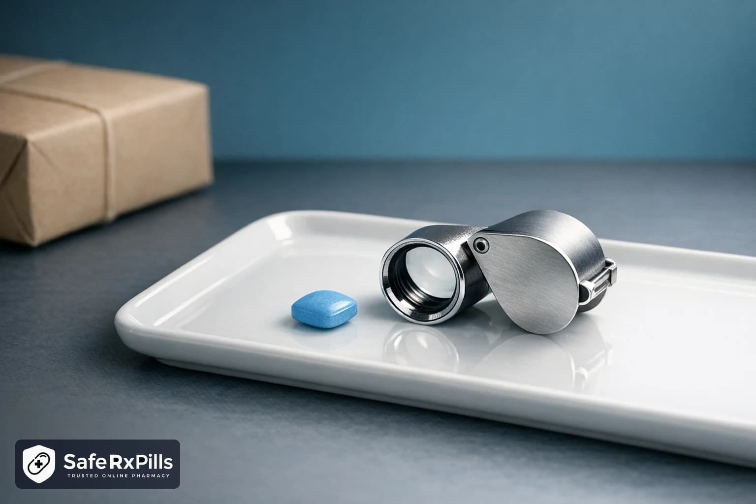 A jeweller's loupe beside a single blue tablet on a white porcelain tray, with a plain brown parcel out of focus behind