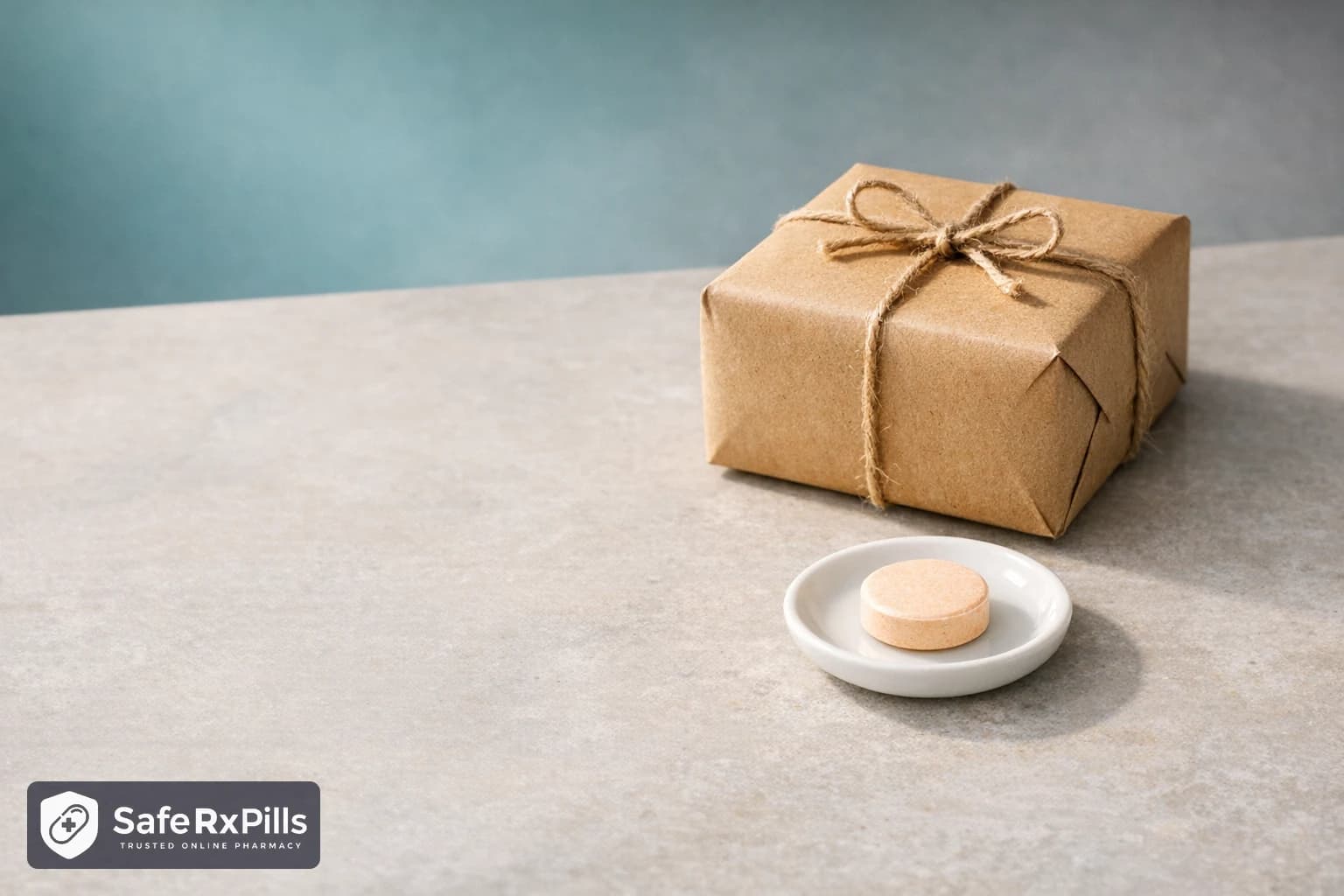 A plain brown paper parcel tied with twine on a pale stone surface beside a single round chewable tablet on a small white dish