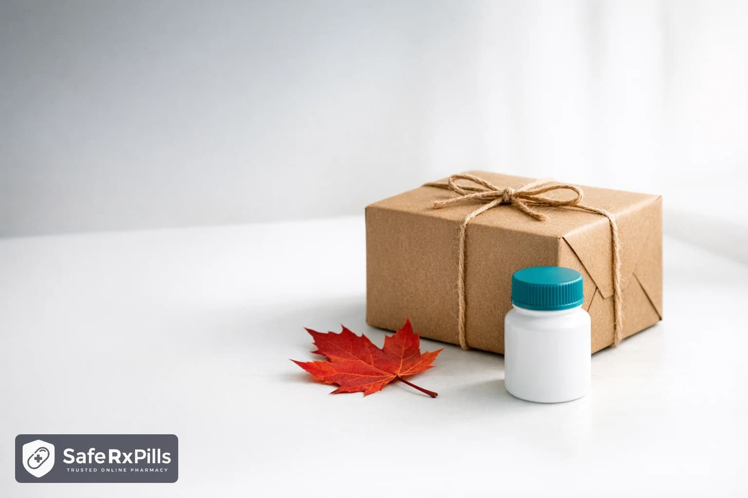 A brown parcel tied with twine beside a red maple leaf and a small white pharmacy bottle