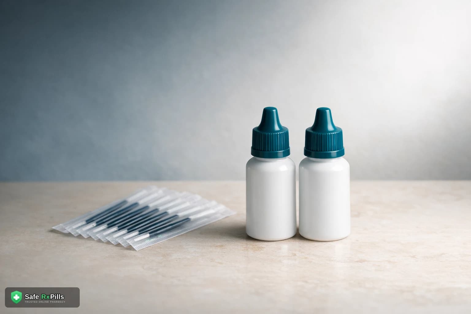 Two plain white dropper bottles with teal caps on a pale stone surface beside a row of sealed sterile single-use applicators