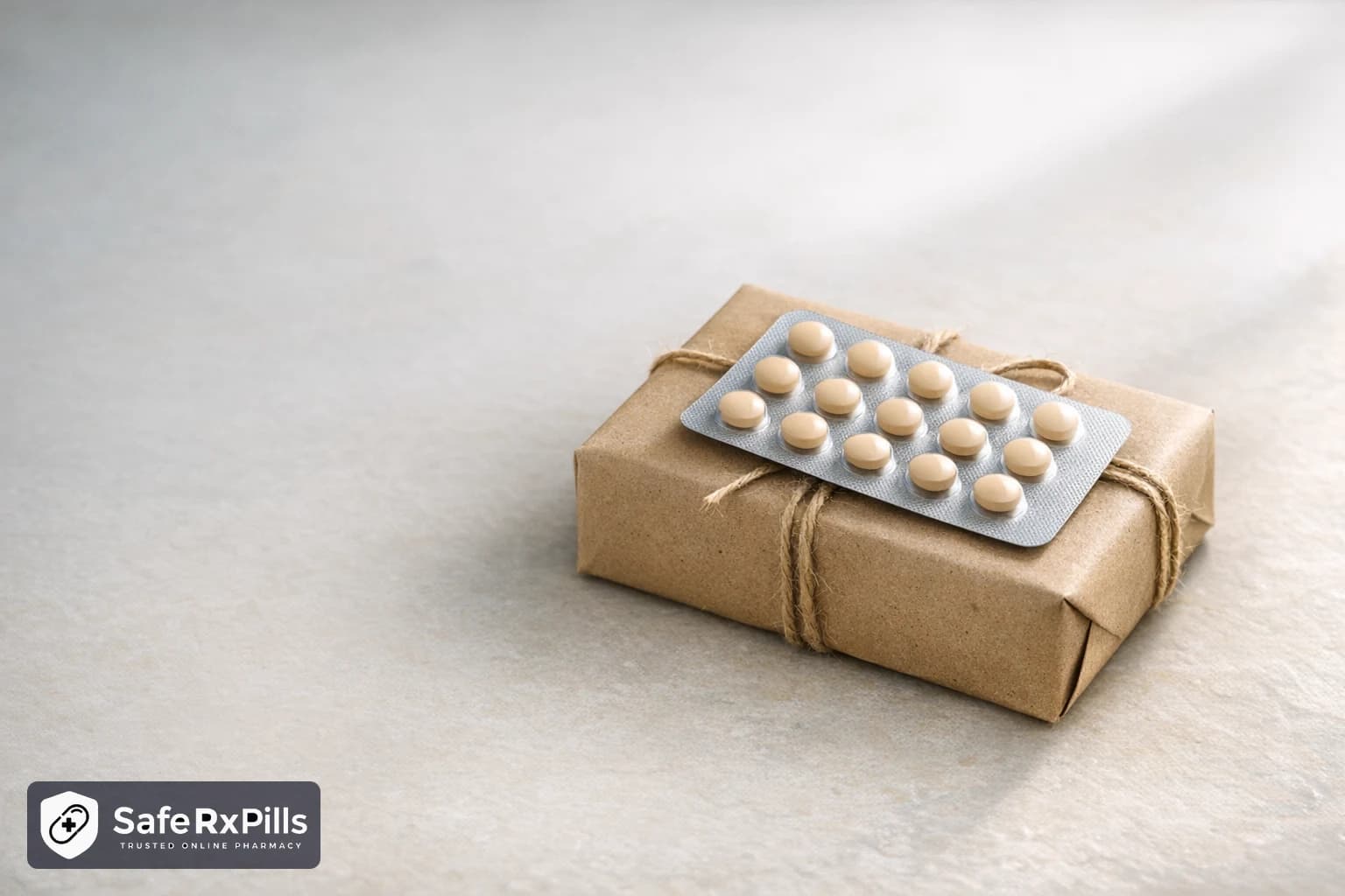 A blister strip of small beige round tablets resting on a brown paper parcel tied with twine, on a pale neutral surface