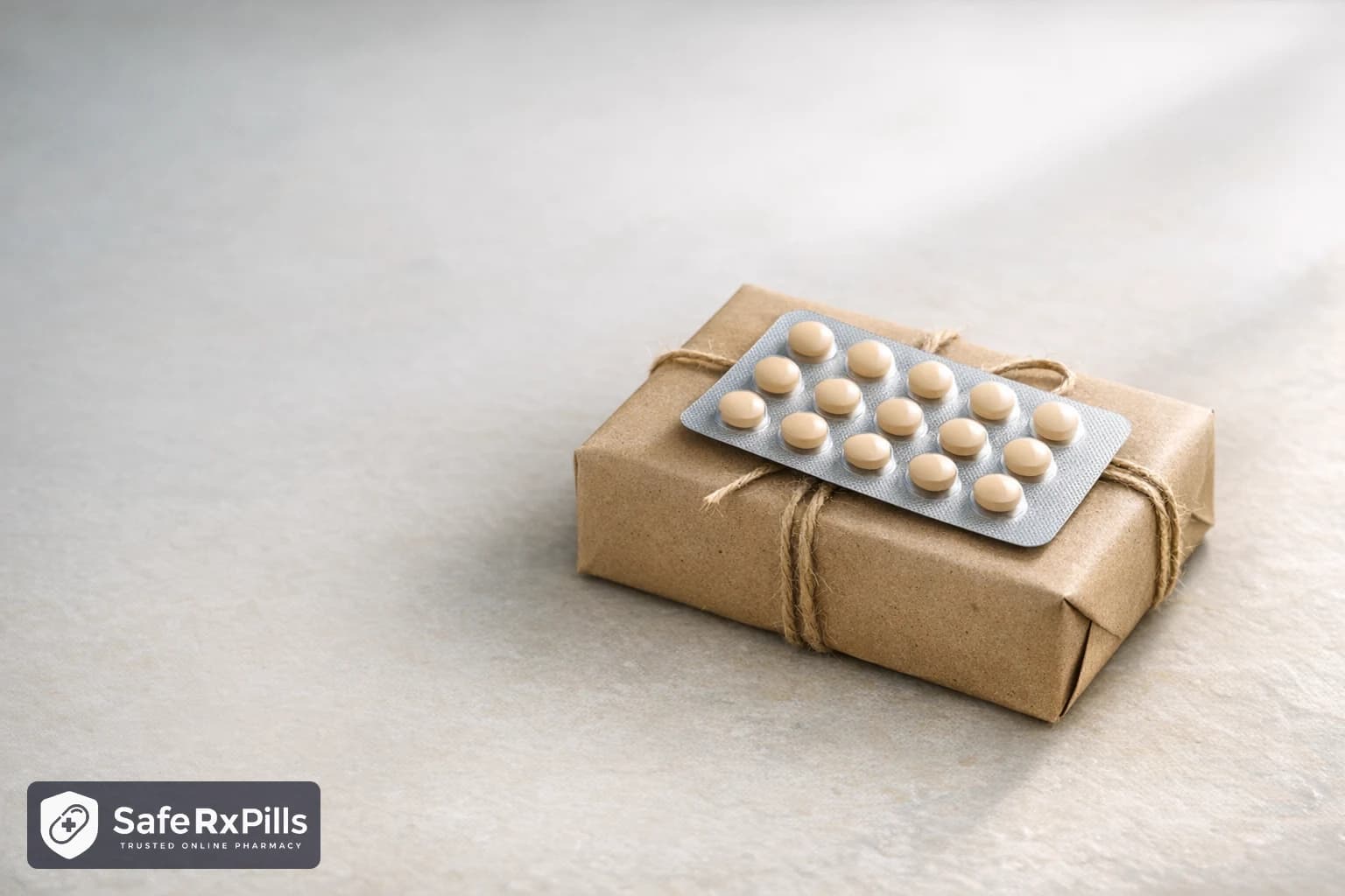 A blister strip of small beige round tablets resting on a brown paper parcel tied with twine, on a pale neutral surface