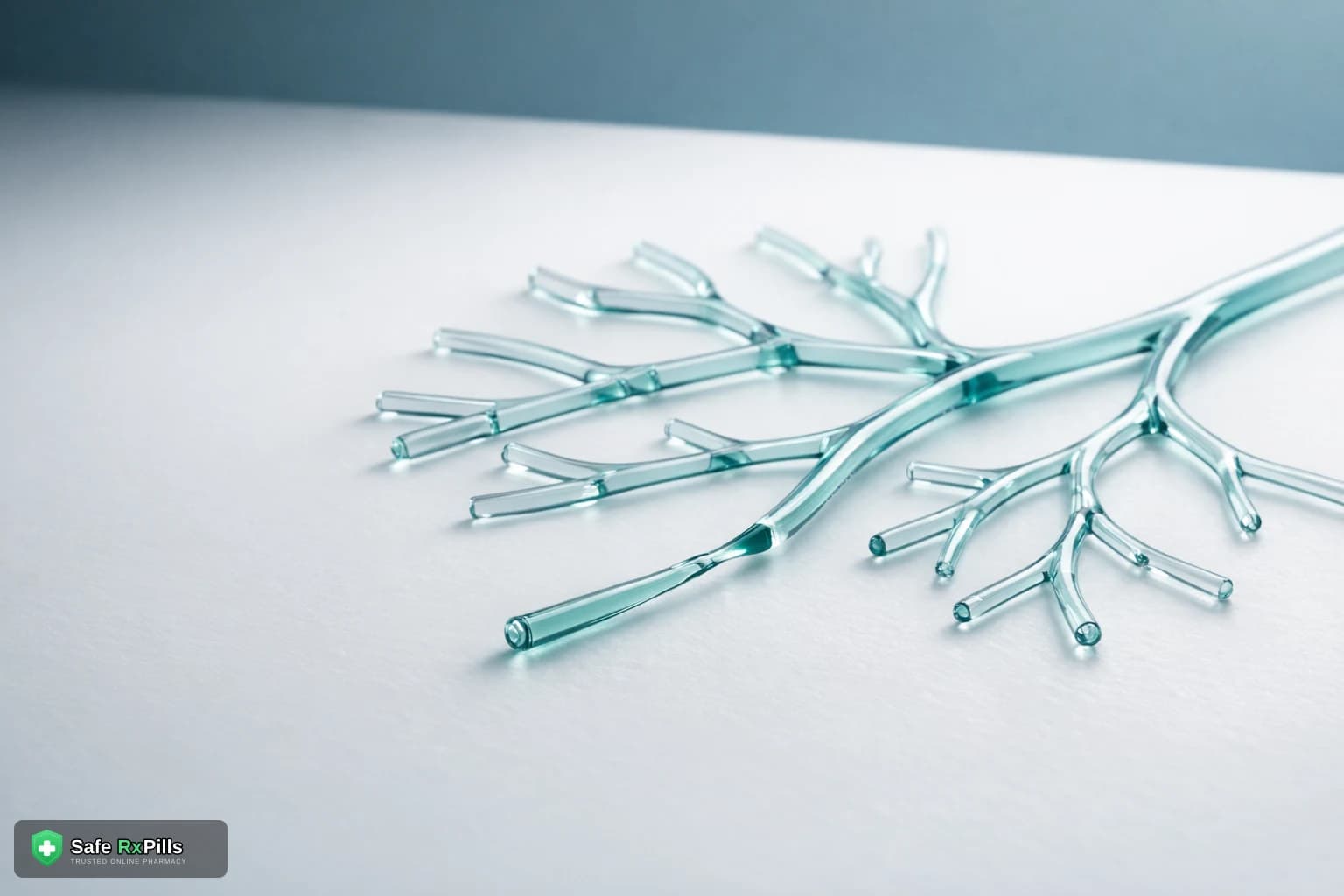 A branching network of fine glass tubes filled with pale teal liquid, like a model of small blood vessels, on a white surface