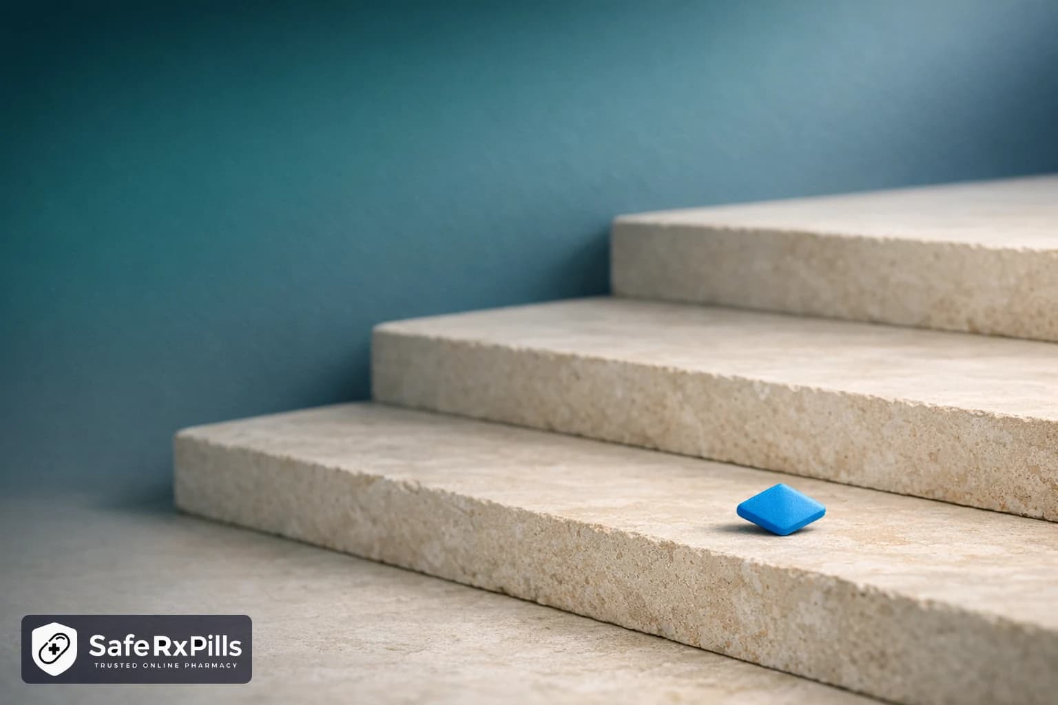 Three wide pale limestone steps rising to the right against a teal background, with a single small blue diamond-shaped tablet resting on one step