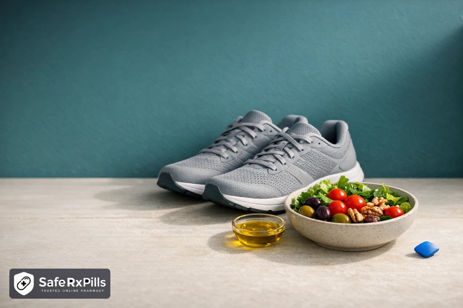 Grey running shoes beside a bowl of salad with cherry tomatoes, olives and walnuts, a small dish of olive oil and a single blue tablet against a teal wall.