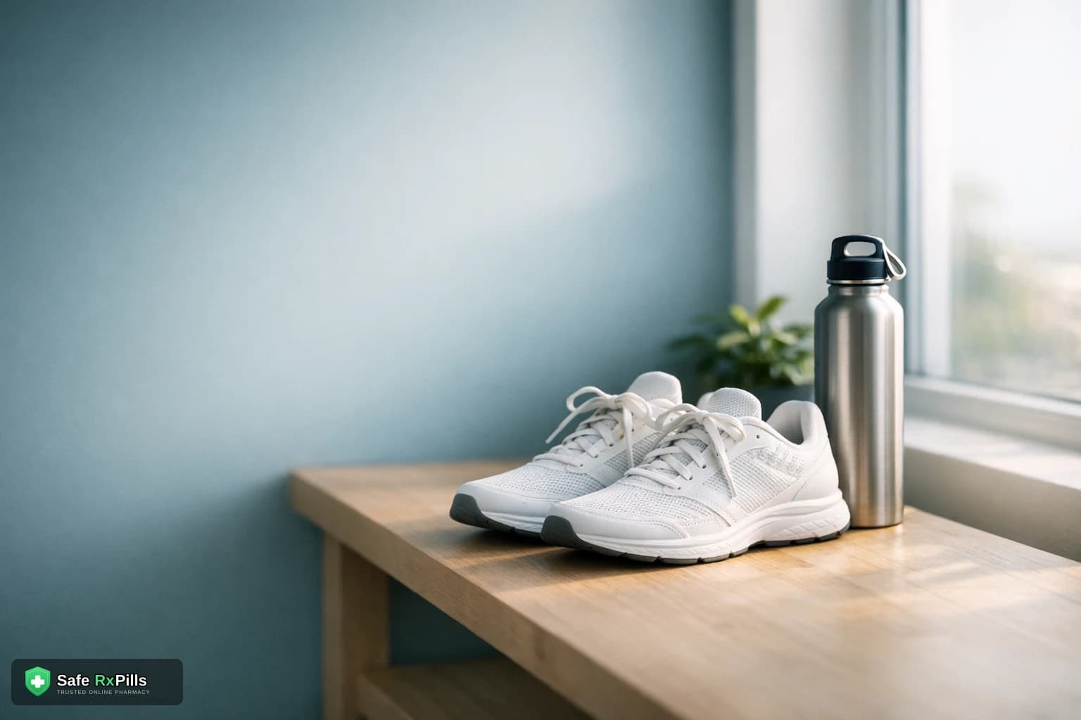 White running shoes and a steel water bottle on a wooden bench beside a sunny window