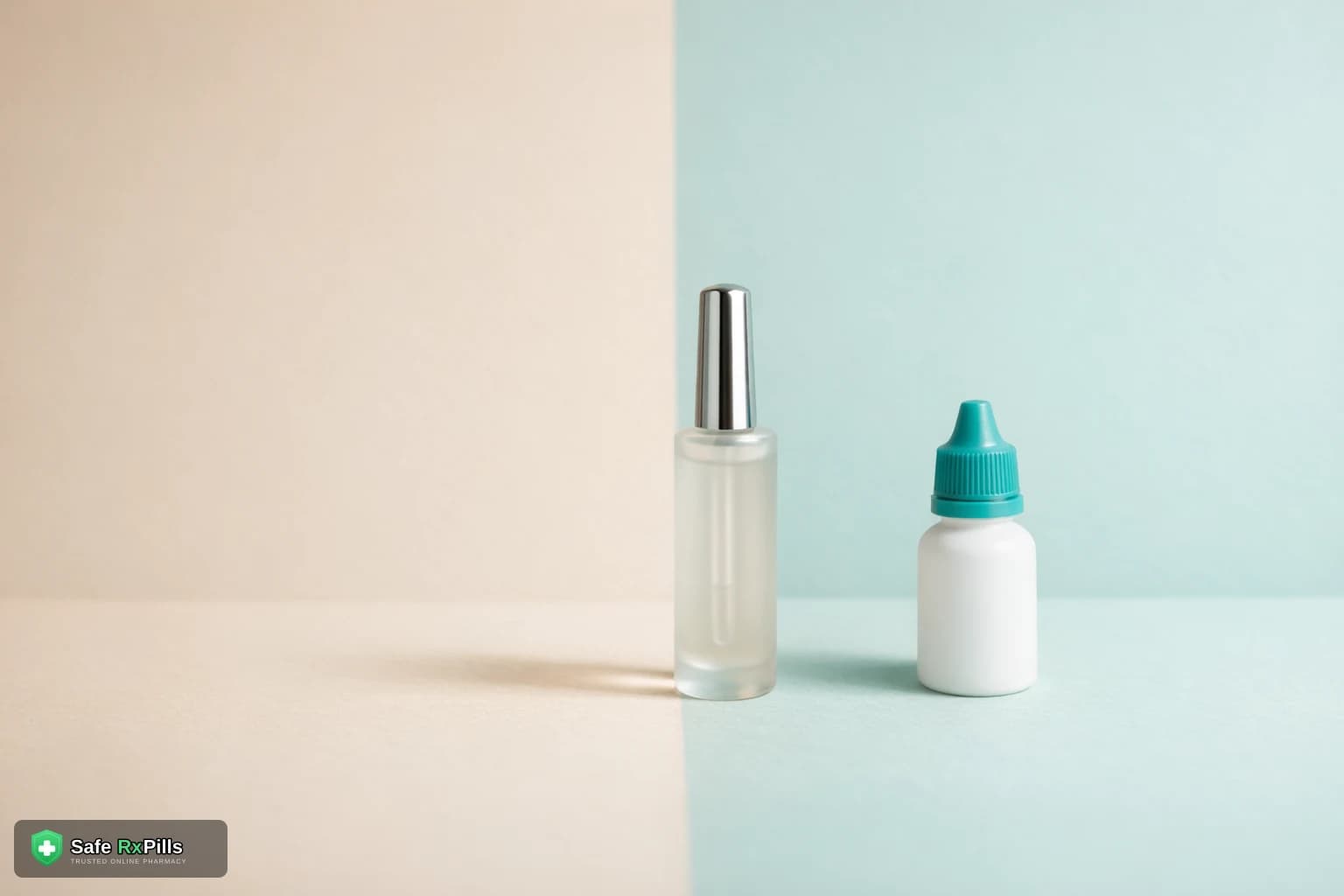 An unlabelled frosted serum bottle and a small white eye-drop bottle on a split beige and teal background