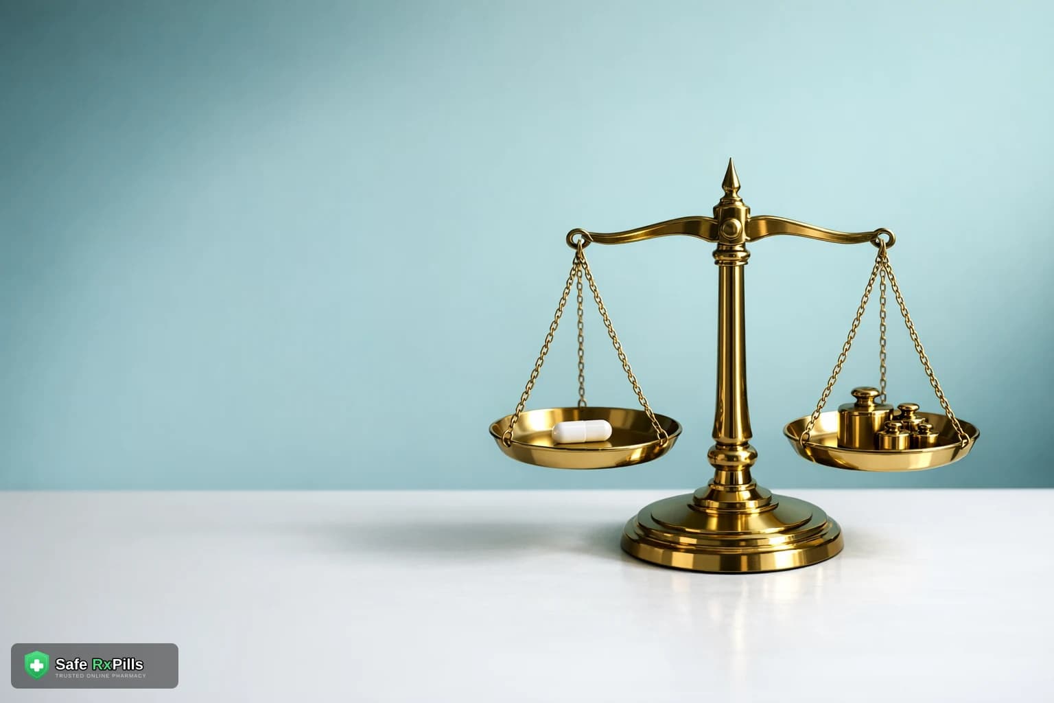 Brass pharmacy balance scale weighing a single white capsule against small brass weights