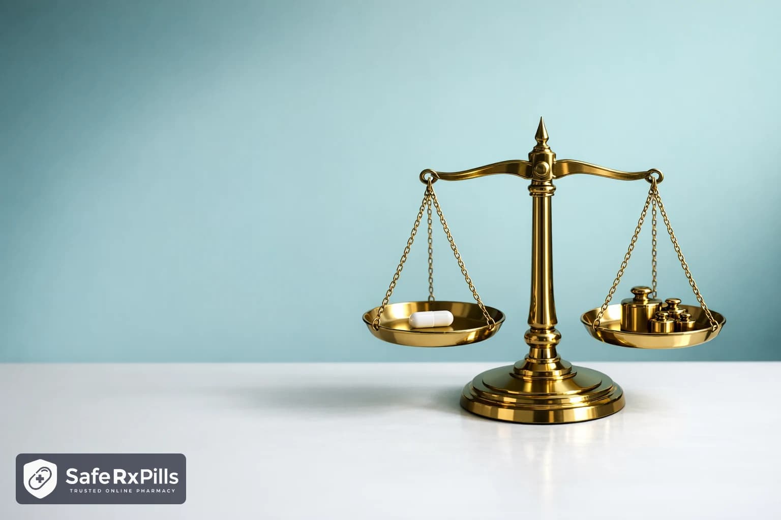 Brass pharmacy balance scale weighing a single white capsule against small brass weights
