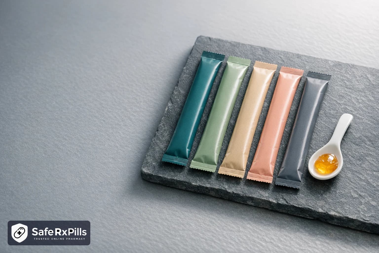 Five plain foil stick sachets in muted teal, green, sand, peach and grey lined up on a slate tray beside a small white spoon of amber gel