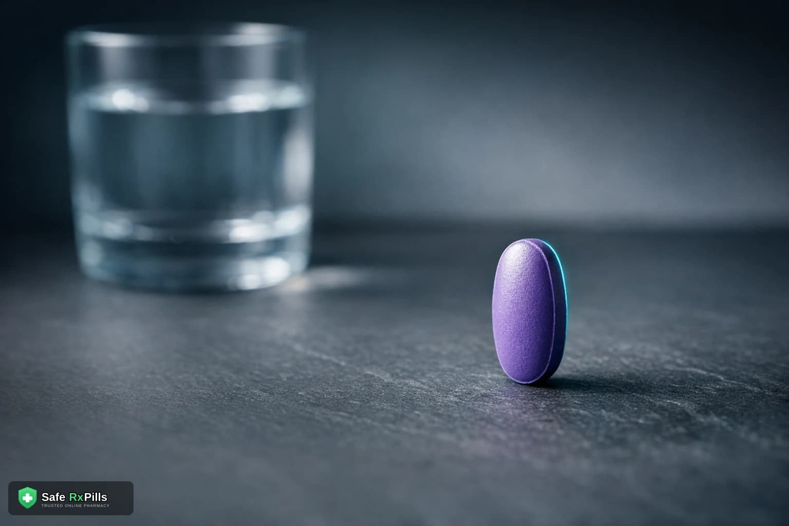 Single violet oval sildenafil tablet standing on a dark slate surface with a glass of water behind it