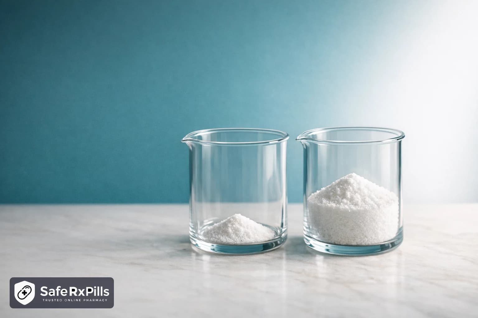 Two identical clear glass beakers on marble against a teal background, one holding twice as much white powder as the other