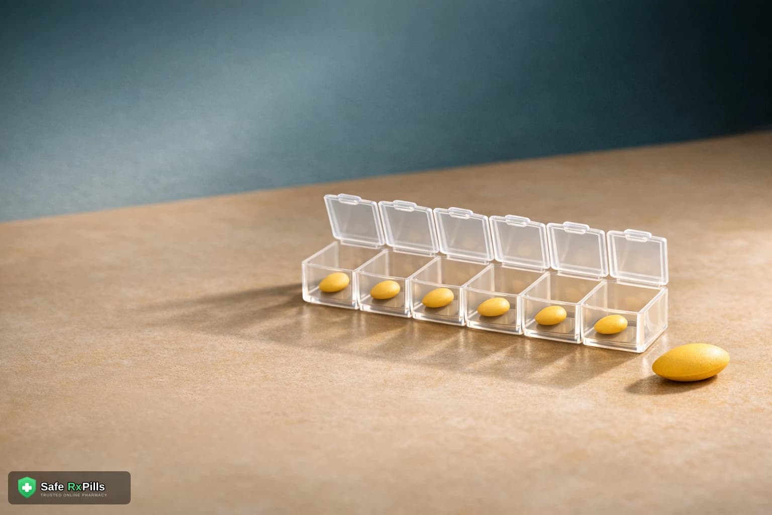 Clear weekly pill organiser holding small yellow tablets beside a single larger yellow tablet, contrasting daily and as-needed tadalafil