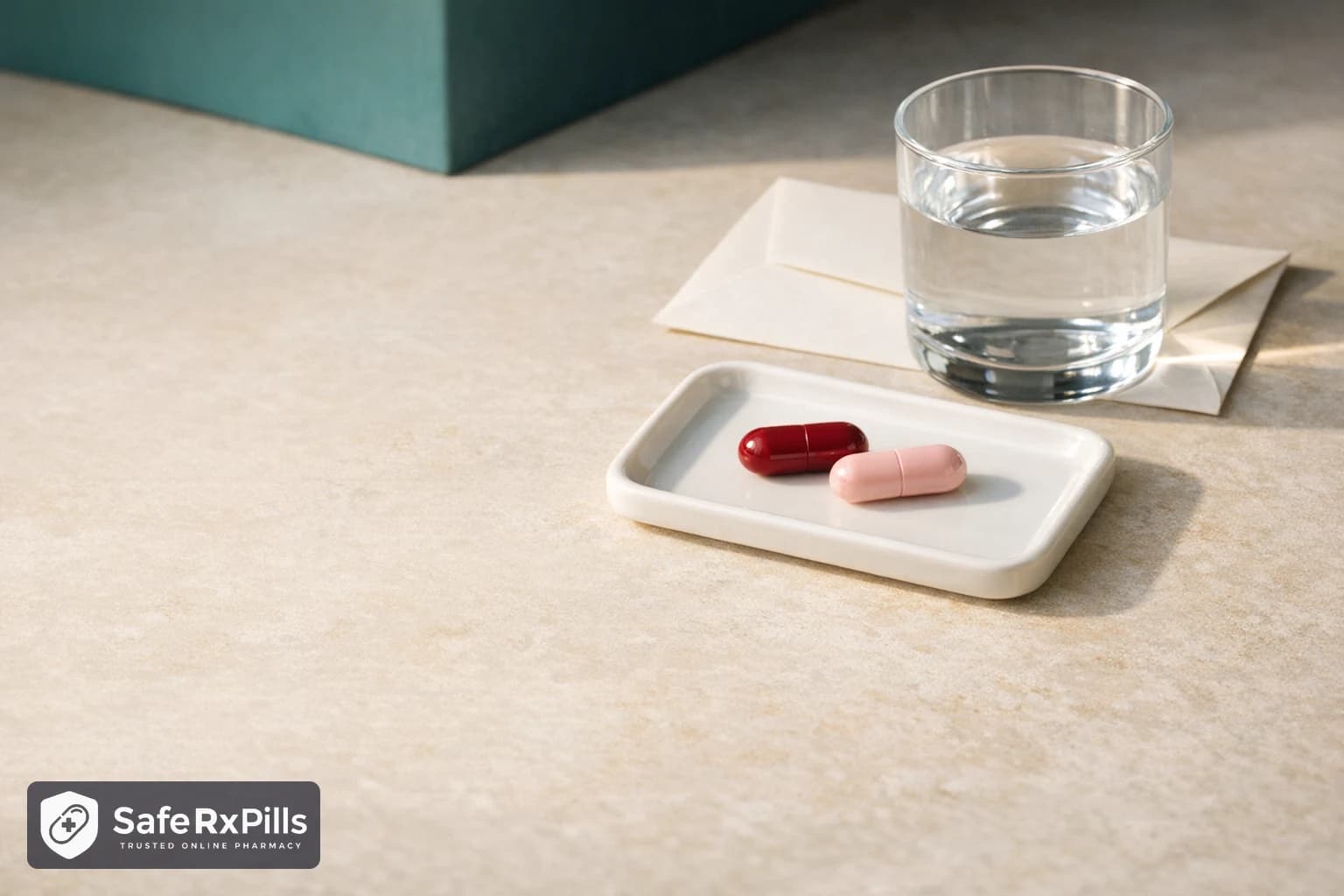 Two plain capsule-shaped tablets, one deep red and one pale pink, on a white ceramic tray beside a glass of water and a blank folded envelope