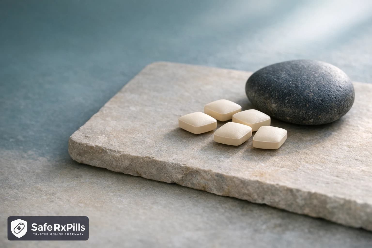 Small beige film-coated tablets on a pale stone slab beside a smooth dark grey river stone