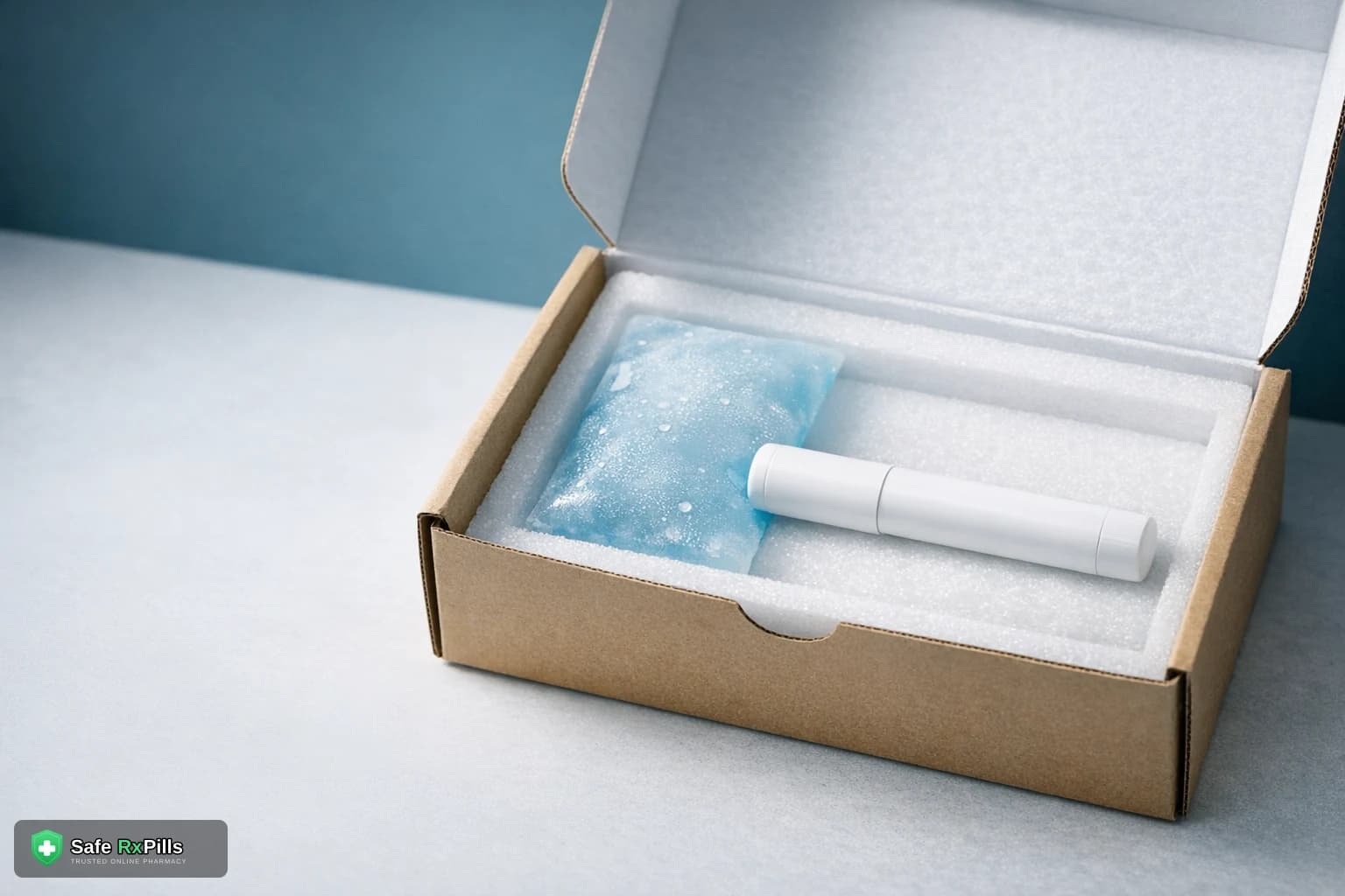 A plain white injection pen resting in an open insulated shipping box beside a frosted blue cold gel pack
