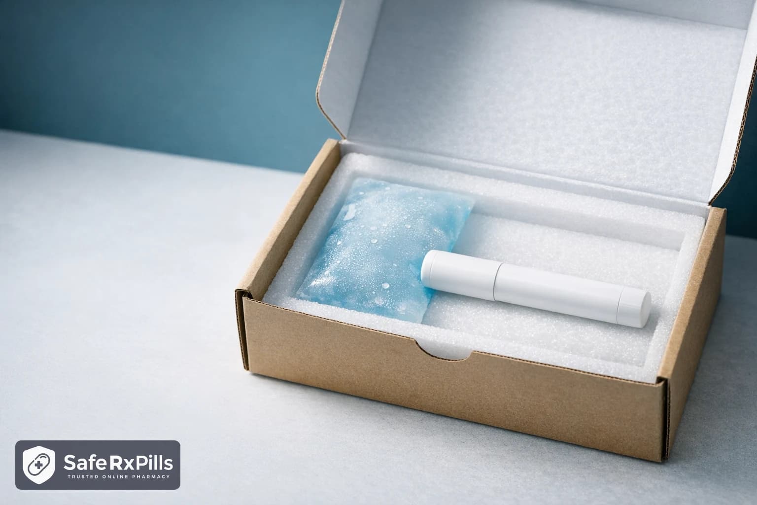 A plain white injection pen resting in an open insulated shipping box beside a frosted blue cold gel pack