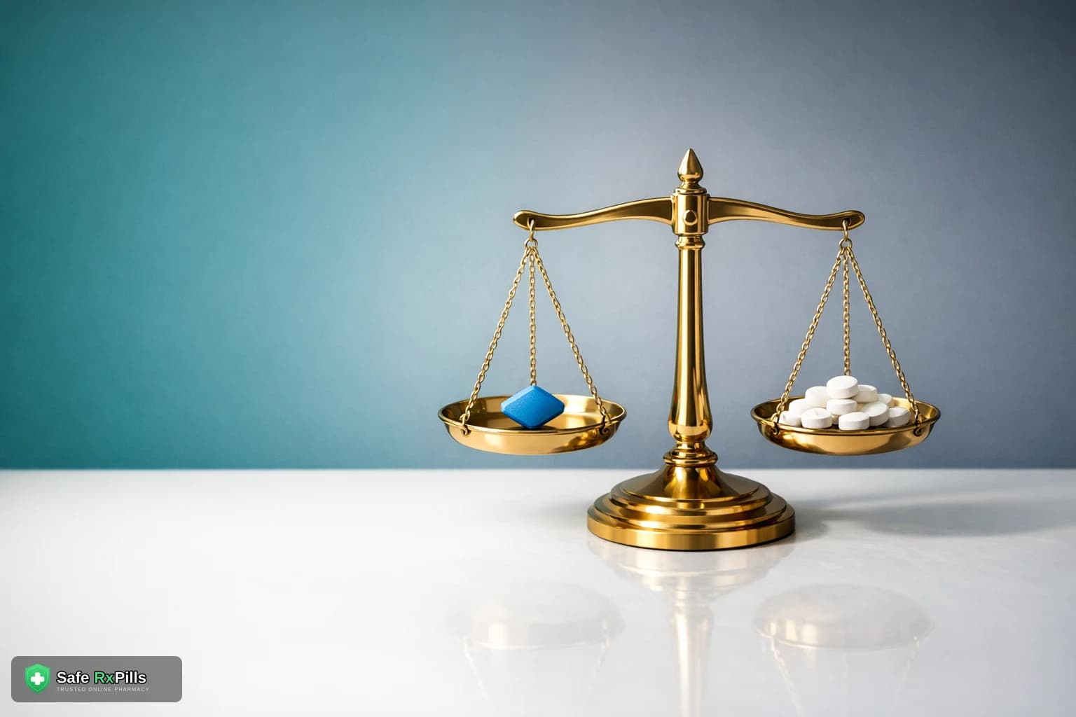 Brass balance scale with one blue diamond tablet on one side and a heap of white generic tablets on the other