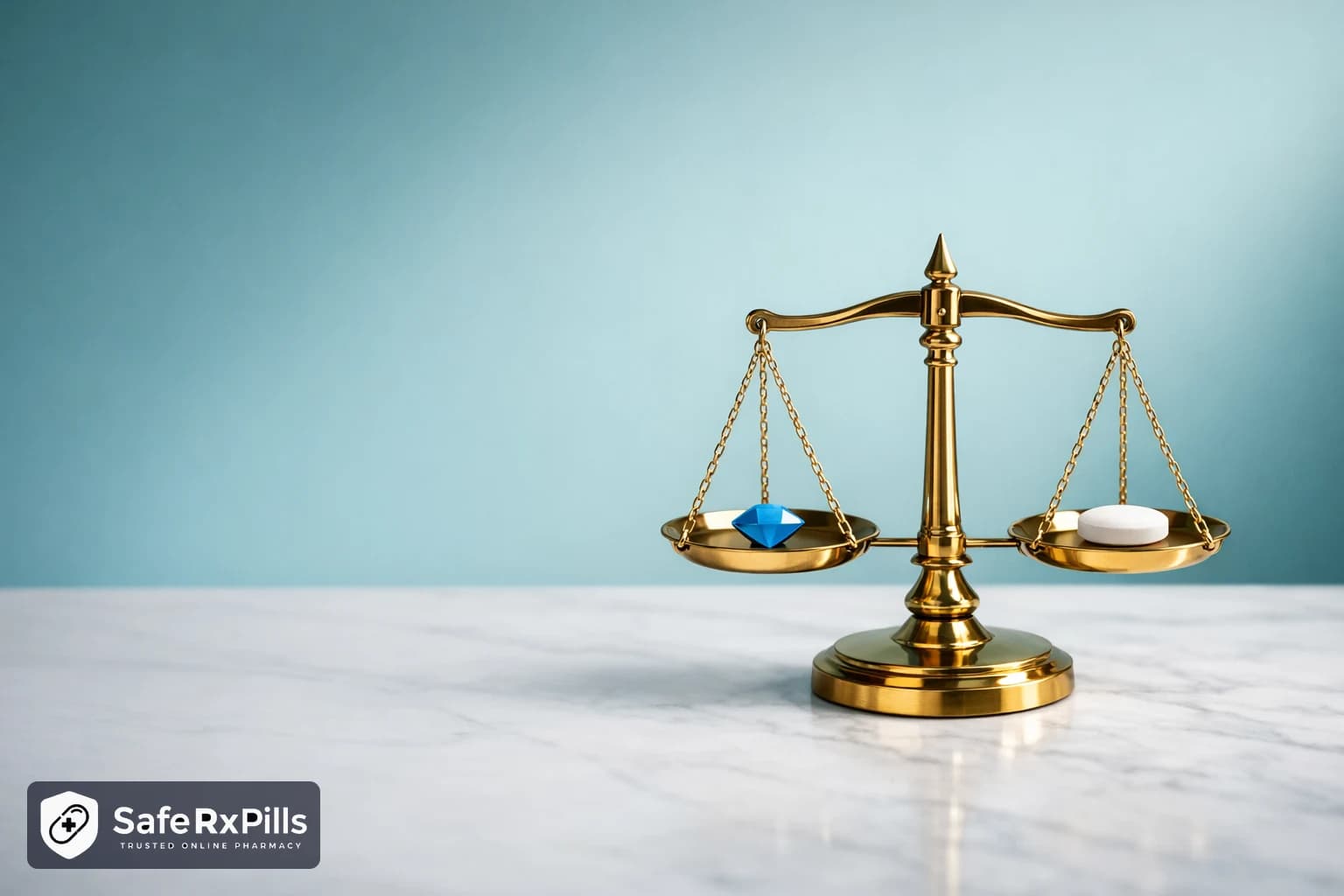 A small brass balance scale standing level on white marble, with one blue diamond-shaped tablet on one pan and one plain white oval tablet on the other