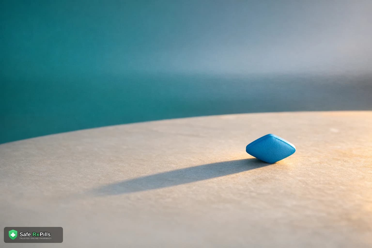 A single blue diamond-shaped tablet on a pale stone surface casting a long soft shadow in low evening light, suggesting hours passing