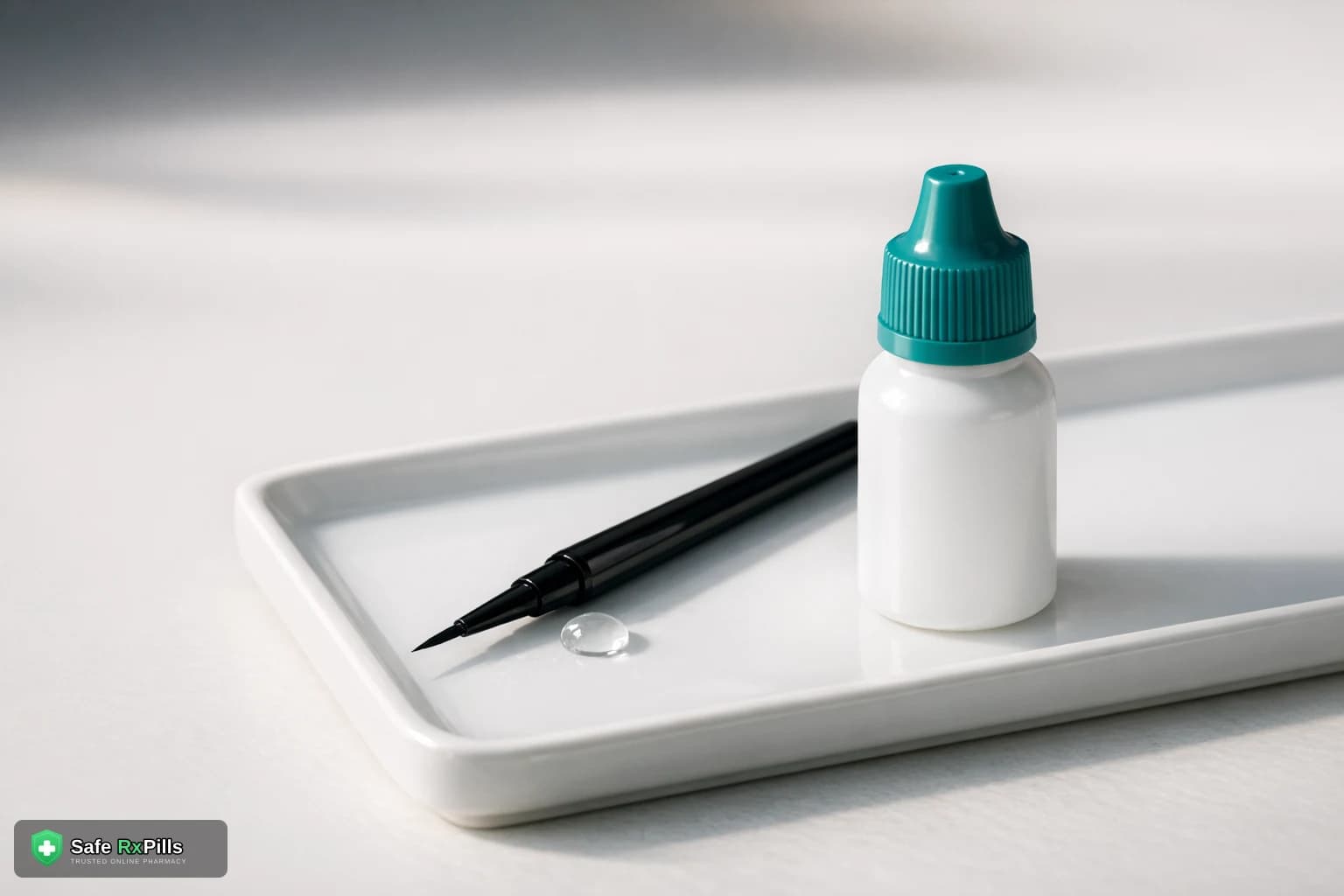 A fine-tipped disposable eyeliner applicator on a white tray beside a small white eye-drop bottle with a teal cap