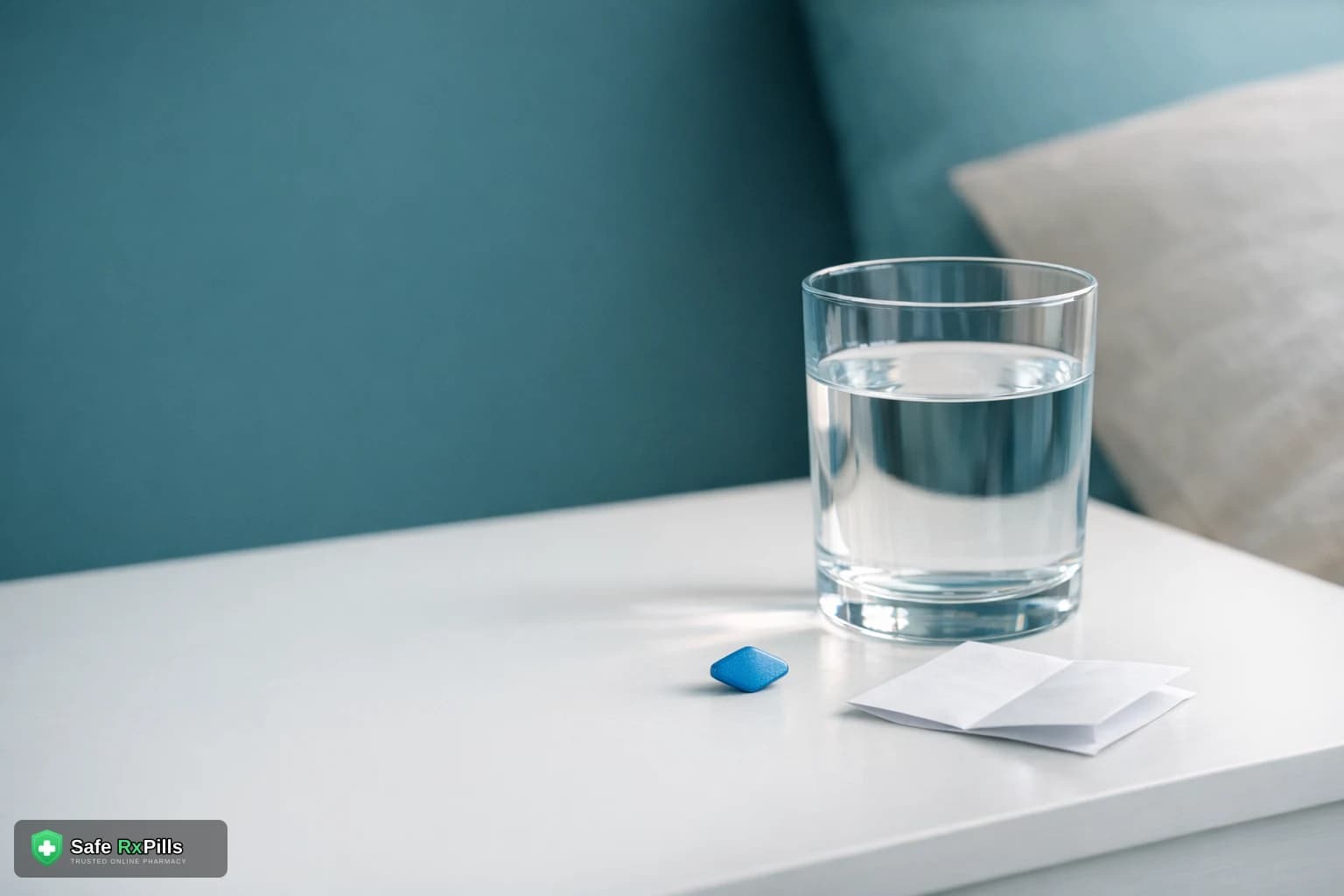 A single blue tablet beside a glass of water and a folded plain leaflet on a white bedside table in soft morning light