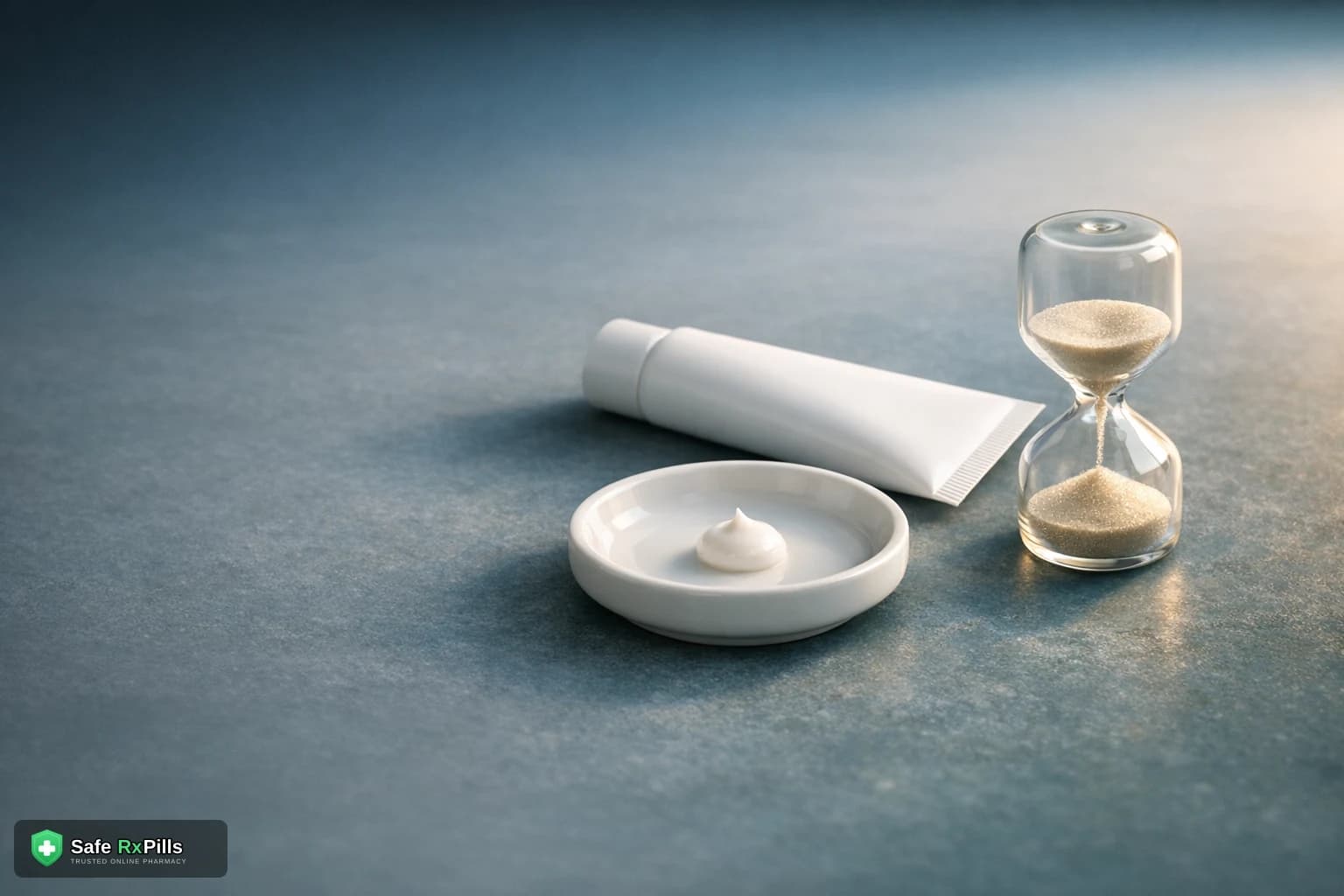 A small dab of white cream in a ceramic dish beside a plain tube and a sand timer, illustrating the wait before applying tretinoin