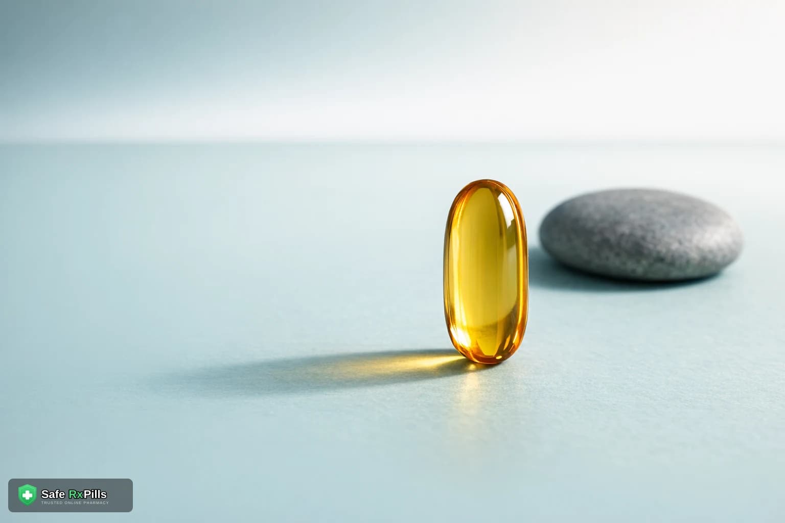 An amber soft-gel capsule standing on a pale teal surface next to a smooth grey stone