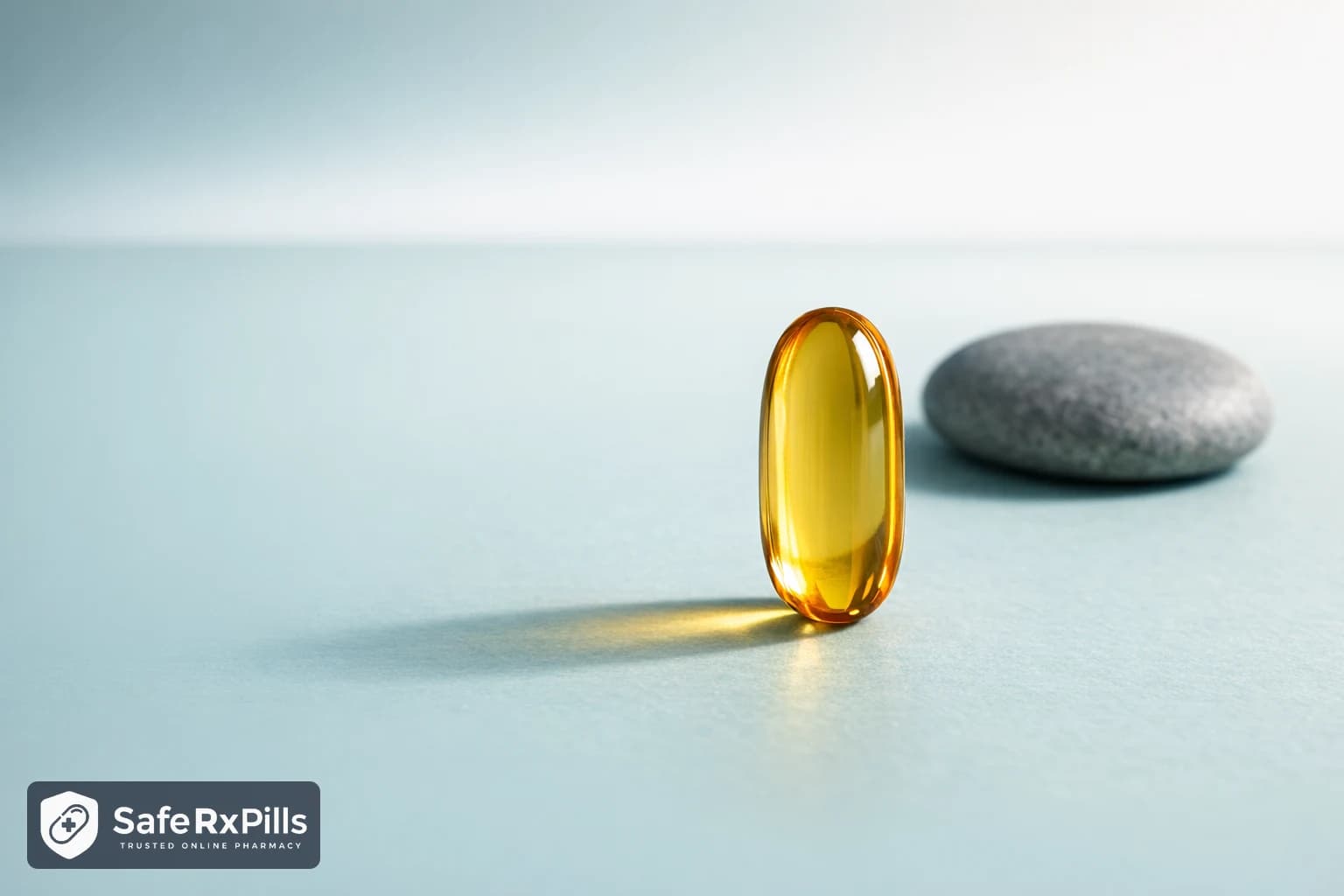 An amber soft-gel capsule standing on a pale teal surface next to a smooth grey stone