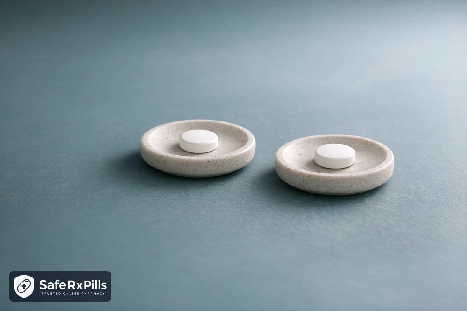 Two plain white round tablets, each on its own matching pale stone dish, side by side on a slate-teal surface