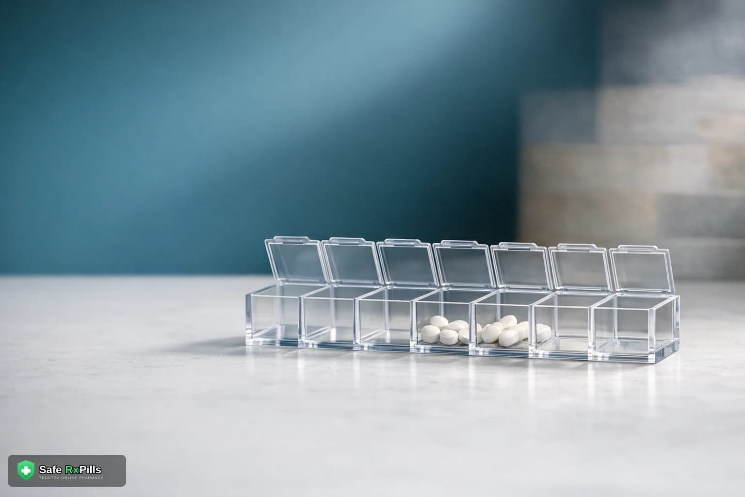Clear seven compartment weekly pill organizer holding small white tablets and capsules on a stone counter
