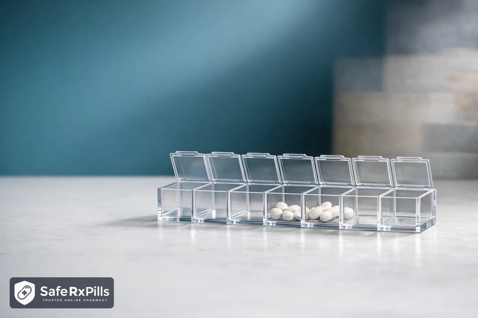 Clear seven compartment weekly pill organizer holding small white tablets and capsules on a stone counter