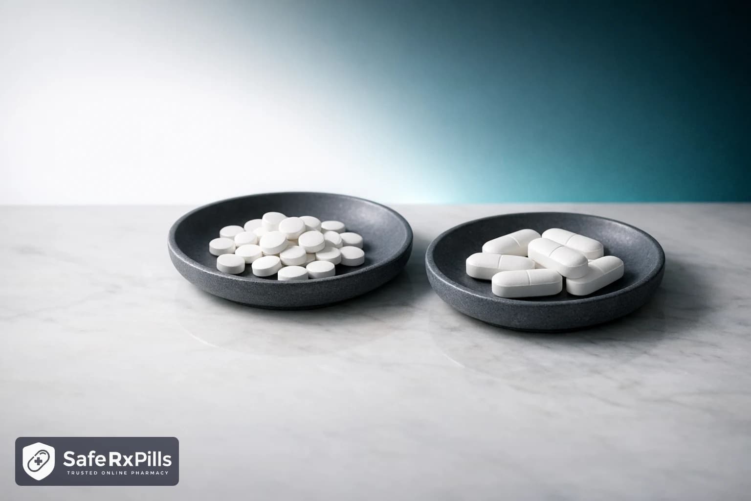 Two slate dishes on marble, one holding small round plain white tablets and the other larger plain white oblong tablets