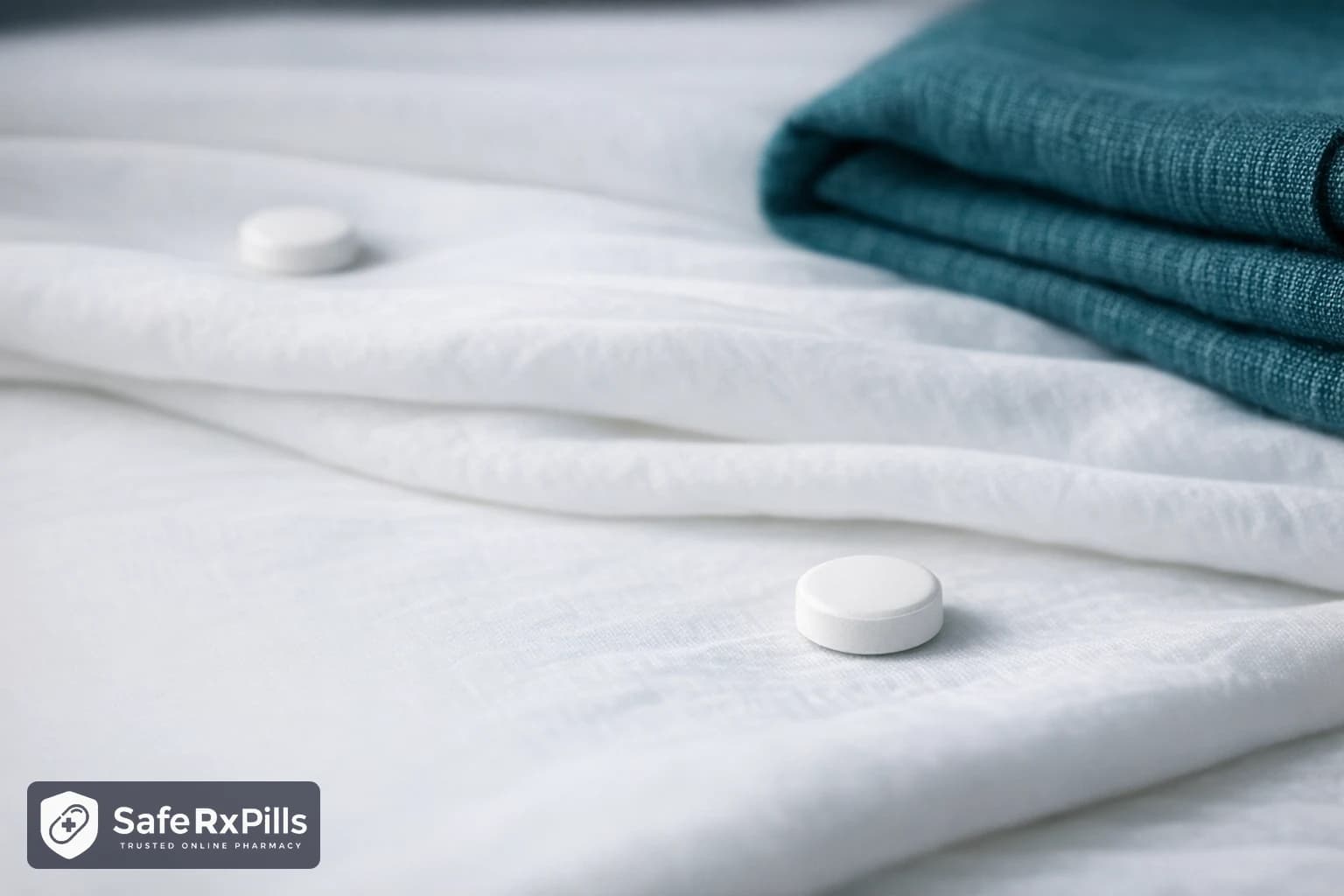 Two small plain white round tablets placed apart on a folded white cotton bed sheet, with a folded teal linen towel at the edge