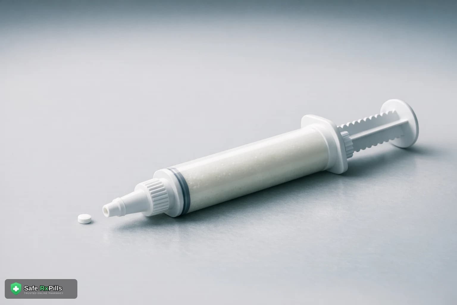 Large veterinary oral paste syringe next to one tiny white human tablet showing the difference in scale