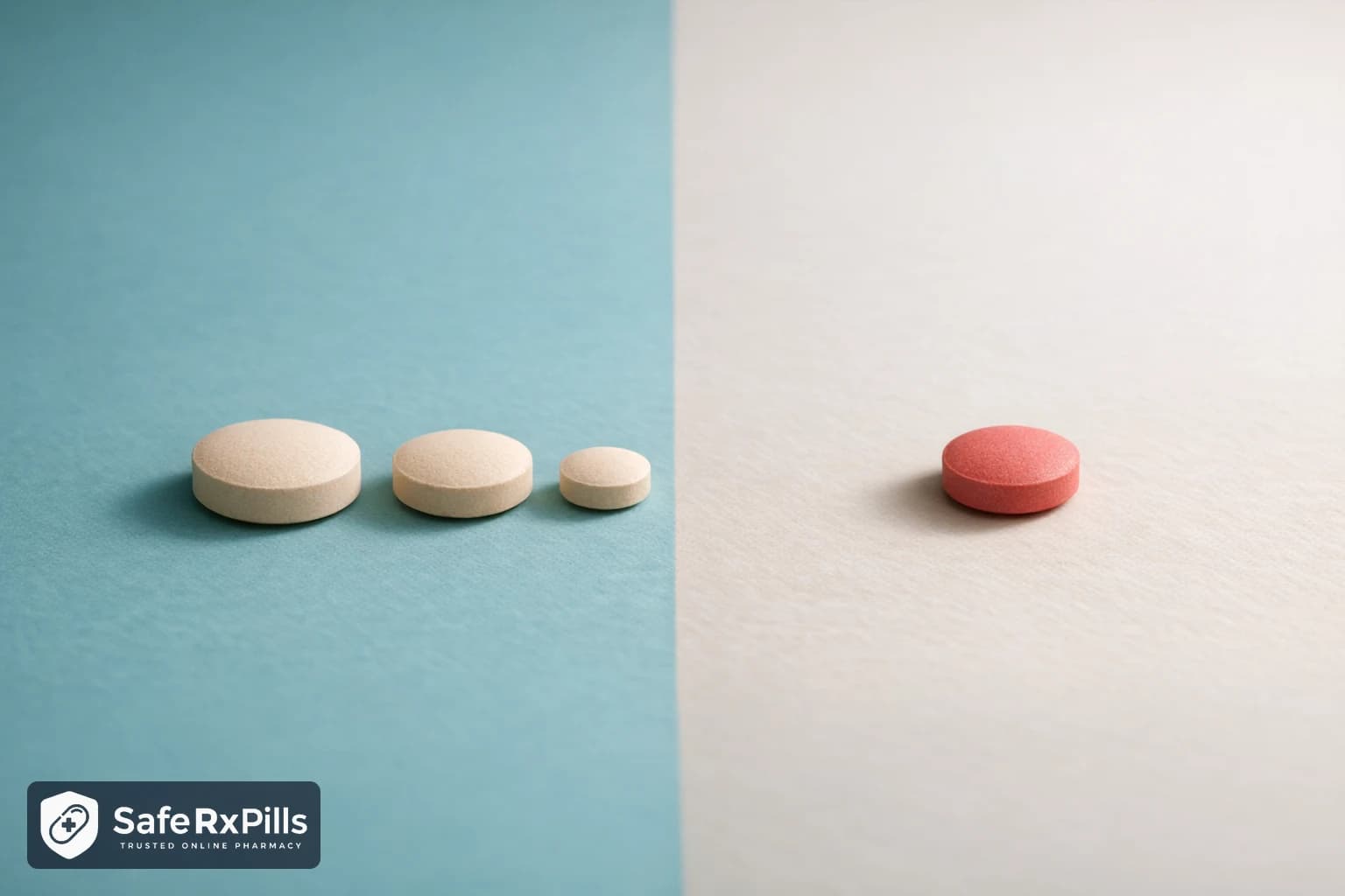 Three beige round tablets in decreasing sizes on a teal background next to a single light red round tablet on a neutral background